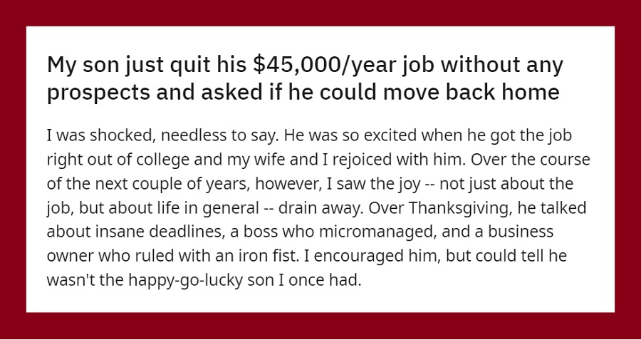 People Praise Dad For Allowing His Son To Stay With Him After Quitting His $45k Job